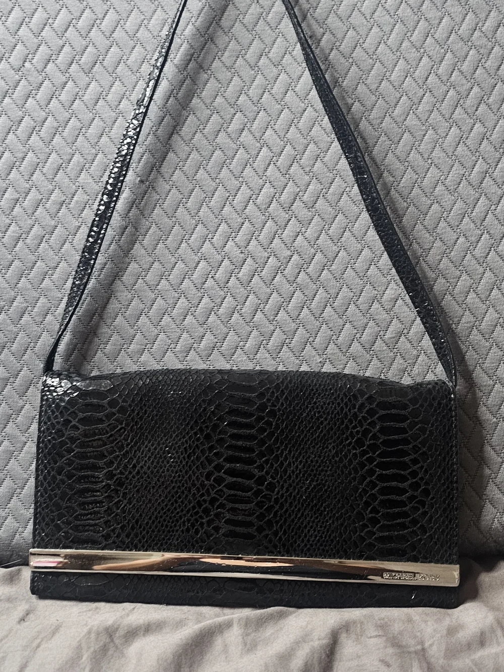 Michael Kors Black Snake-Embossed Clutch Evening Bag with Silver Bar